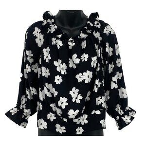 Karl Lagerfield Women Blouse Cold Off Shoulder Small S Black White Floral EUC